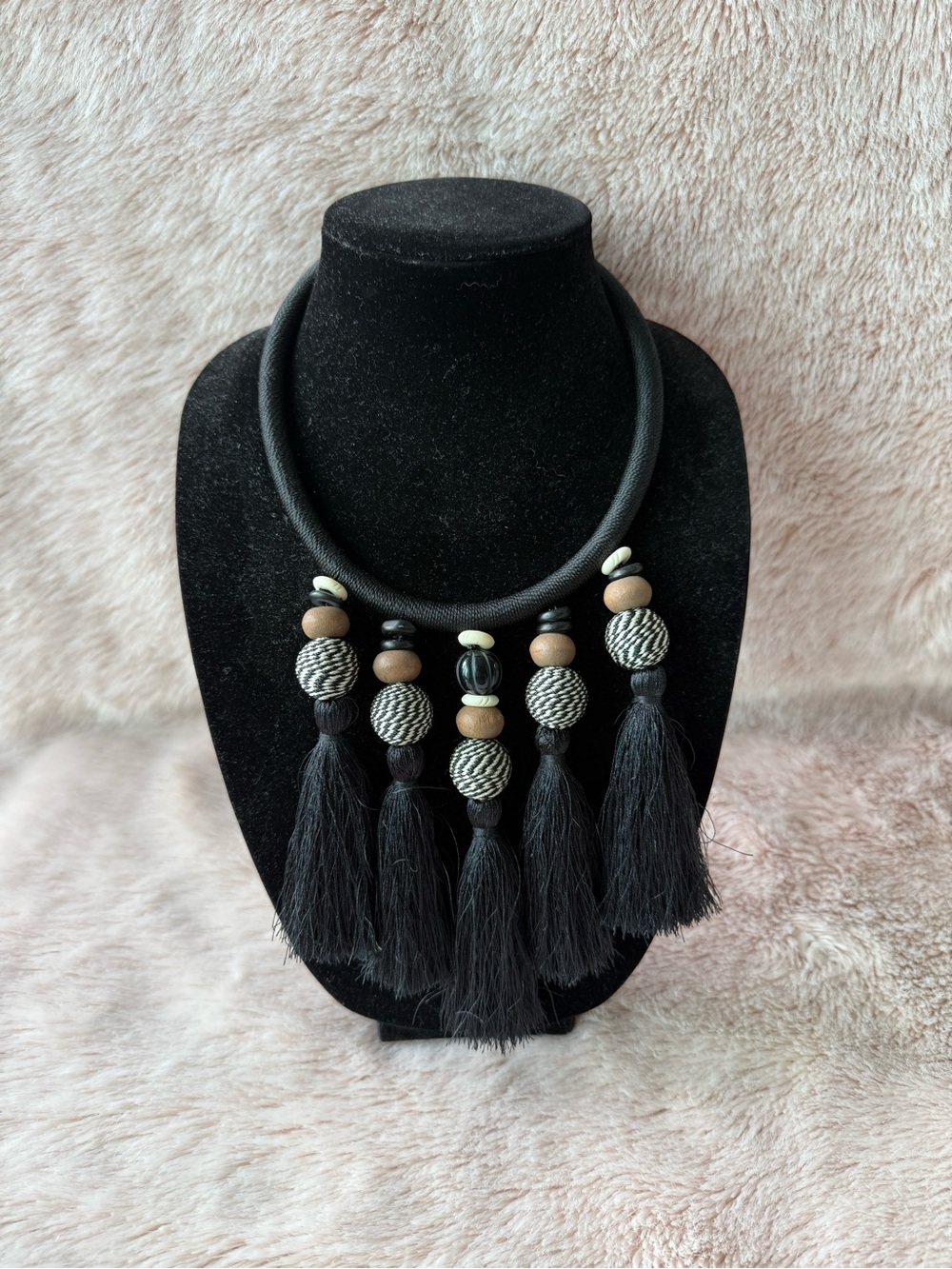 Handcrafted Black Tassel Statement Necklace with Bead Accents